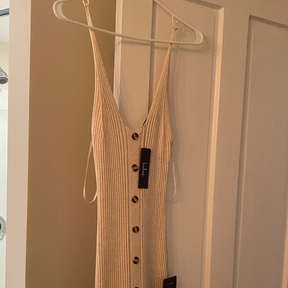 Sleeveless Cream Ribbed Button-Front Dress